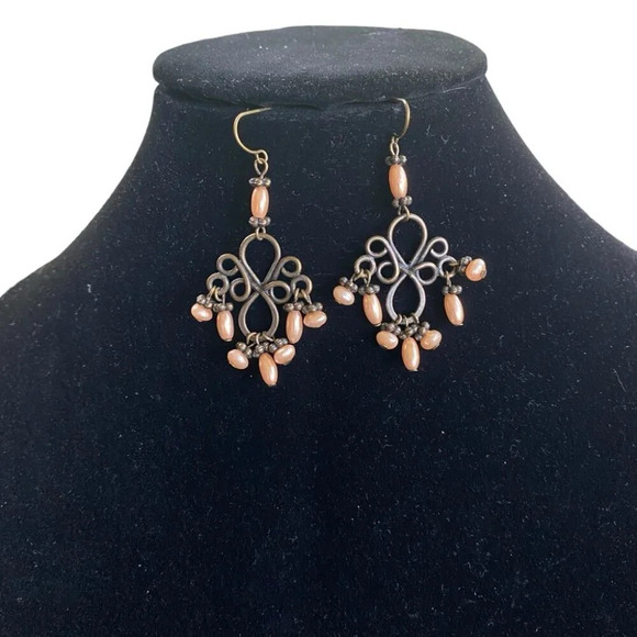 Peach Colored Ornate Antiqued Chandelier Looking Dangle Earrings - Picture 2 of 5